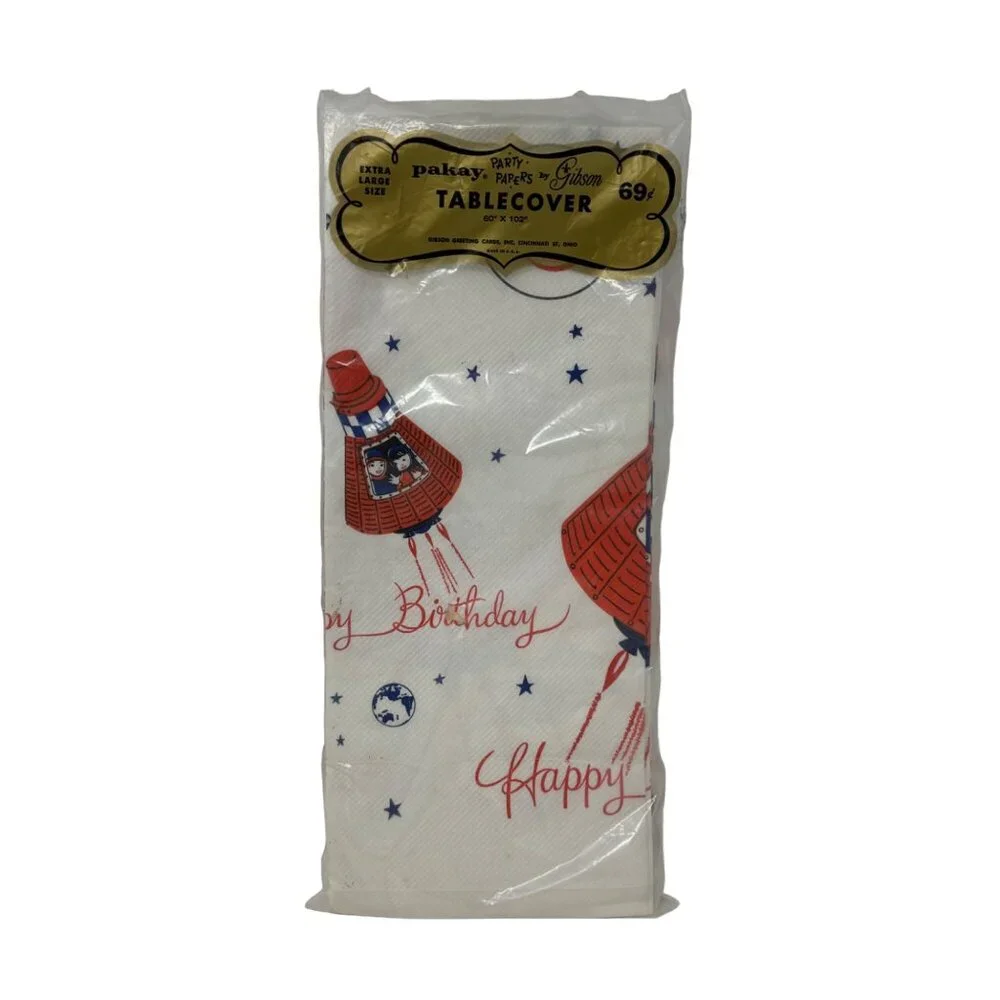 Vintage 1950s Tablecover Happy Birthday Party Rocket Atomic Saturn Outerspace Pr